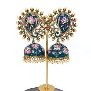 🆕 Bollywood Indo Western Peacock Blue Jhumka Earrings
